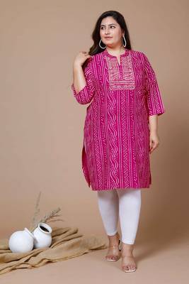 Miravan Women's Plus Size Pink Rayon Bandhej Printed Straight Kurta 2