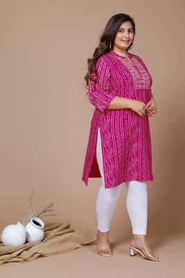 Miravan Women's Plus Size Pink Rayon Bandhej Printed Straight Kurta 5