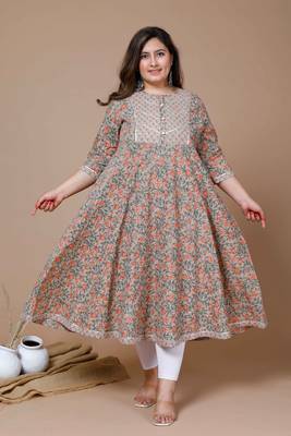  Women Plus Size Camel Brown & Orange Ethnic Motifs Gotta Patti Cotton Anarkali Kurta 1