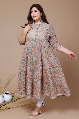  Women Plus Size Camel Brown & Orange Ethnic Motifs Gotta Patti Cotton Anarkali Kurta 4