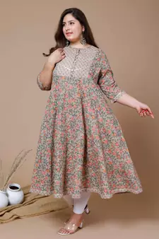  Women Plus Size Camel Brown & Orange Ethnic Motifs Gotta Patti Cotton Anarkali Kurta