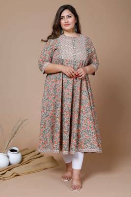  Women Plus Size Camel Brown & Orange Ethnic Motifs Gotta Patti Cotton Anarkali Kurta 5