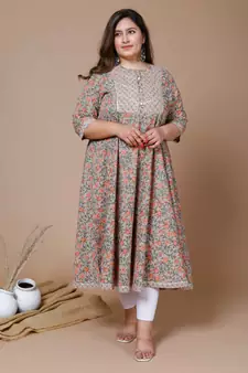  Women Plus Size Camel Brown & Orange Ethnic Motifs Gotta Patti Cotton Anarkali Kurta