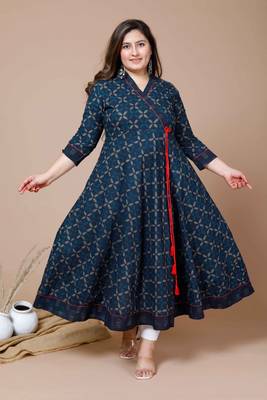  Women Plus Size Blue Floral Printed Angrakha Kurta 1