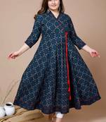  Women Plus Size Blue Floral Printed Angrakha Kurta