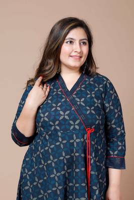  Women Plus Size Blue Floral Printed Angrakha Kurta 2