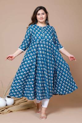  Women Plus Size Blue & White Ethnic Motifs Printed Cotton Anarkali Kurta 1