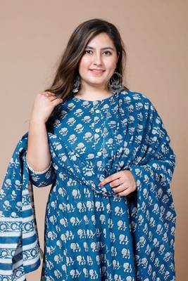  Women Plus Size Blue Printed Anarkali Kurta With Dupatta 1