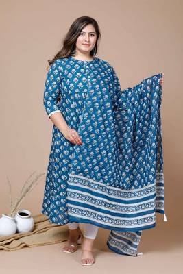  Women Plus Size Blue Printed Anarkali Kurta With Dupatta 2