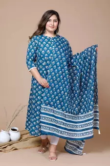  Women Plus Size Blue Printed Anarkali Kurta With Dupatta