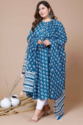  Women Plus Size Blue Printed Anarkali Kurta With Dupatta 4