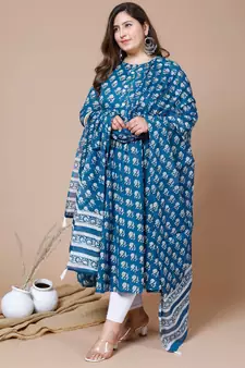  Women Plus Size Blue Printed Anarkali Kurta With Dupatta