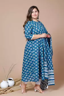  Women Plus Size Blue Printed Anarkali Kurta With Dupatta