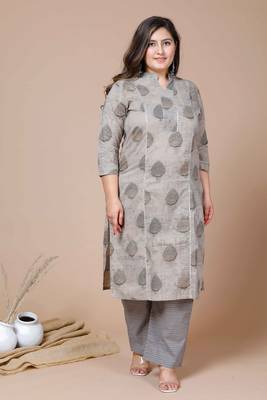 Women Plus Size Beige Floral Printed Cotton Kurta with Palazzos 1