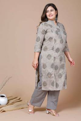  Women Plus Size Beige Floral Printed Cotton Kurta with Palazzos 5