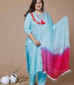  Womens Plus Size Sky Blue Embroidered Straight Kurta And Pant With Dupatta Set