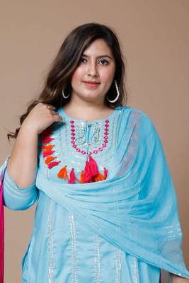  Womens Plus Size Sky Blue Embroidered Straight Kurta And Pant With Dupatta Set 2