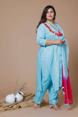  Womens Plus Size Sky Blue Embroidered Straight Kurta And Pant With Dupatta Set 5