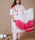 Miravan Womens Plus Size White Embroidered Straight Kurta And Pant With Dupatta Set