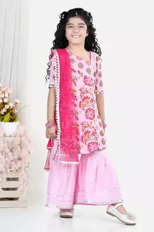 Pink Cotton Printed kurti with lace work pink sharara and dupatta