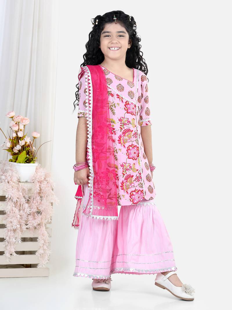 Pink Cotton Printed kurti with lace work pink sharara and dupatta