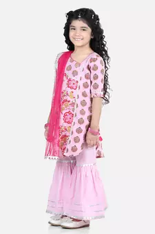 Pink Cotton Printed kurti with lace work pink sharara and dupatta