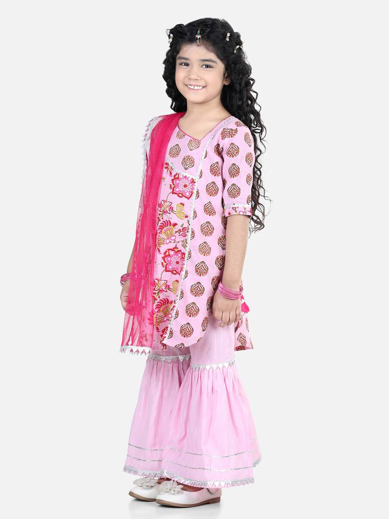 Pink Cotton Printed kurti with lace work pink sharara and dupatta