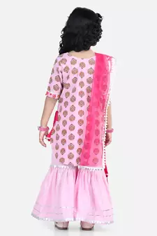 Pink Cotton Printed kurti with lace work pink sharara and dupatta