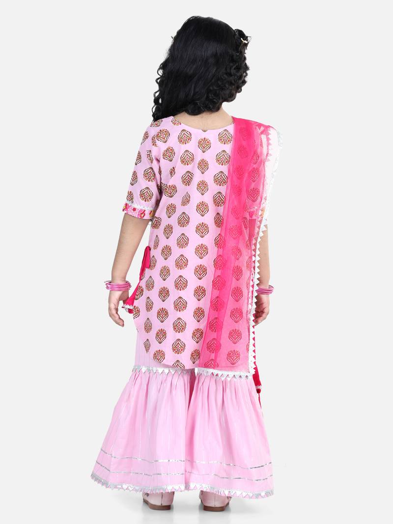 Pink Cotton Printed kurti with lace work pink sharara and dupatta
