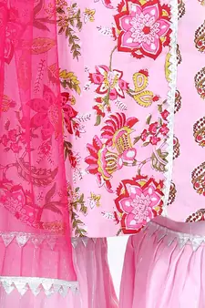 Pink Cotton Printed kurti with lace work pink sharara and dupatta