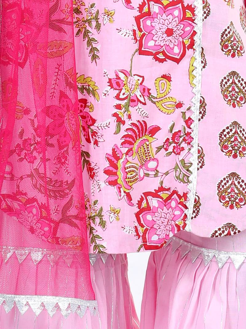 Pink Cotton Printed kurti with lace work pink sharara and dupatta