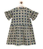 Beige Block Print Ruffled sleeve dress