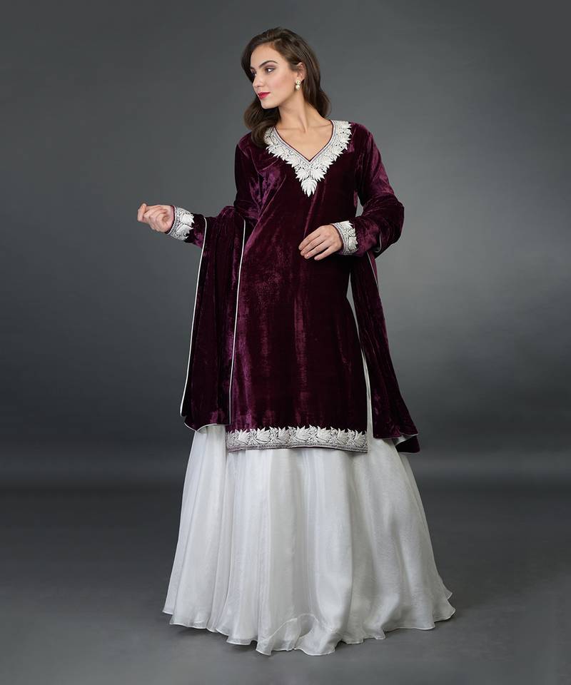 Noor Silk-Velvet Tilla Embroidered Kurta With Skirt And Dupatta