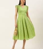 Ethnovogue Ready To Wear Green Foil Printed Knife Pleated Style Dress