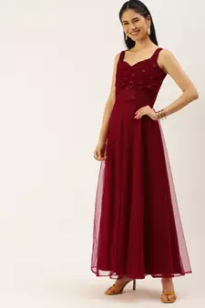 Ethnovogue Ready To Wear Maroon N Red Embroidered Dress