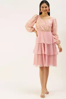 Ethnovogue Ready To Wear Pink Georgette Embroidered Layered Dress