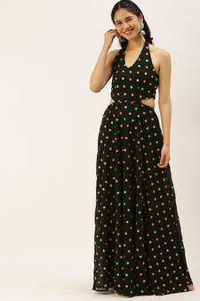 Ethnovogue Ready To Wear Green Embroidered Georgette Maxi Dress
