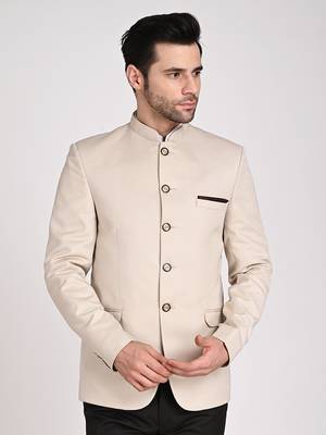 Beige plain cotton bandhgala-suit 1