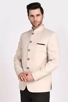 Beige plain cotton bandhgala-suit