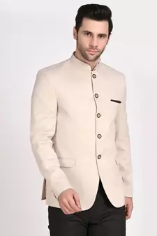Beige plain cotton bandhgala-suit