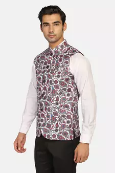 White printed polycotton bandhgala-suit