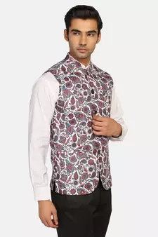 White printed polycotton bandhgala-suit