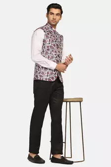 White printed polycotton bandhgala-suit