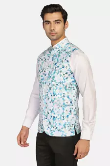 White printed polycotton bandhgala-suit