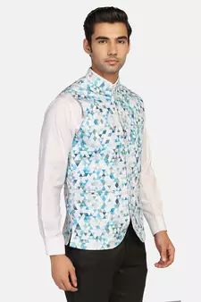 White printed polycotton bandhgala-suit