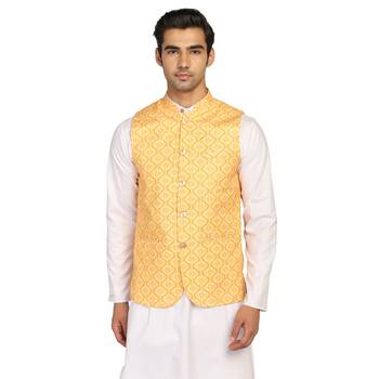 Yellow printed polycotton bandhgala-suit 1
