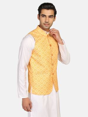 Yellow printed polycotton bandhgala-suit 3
