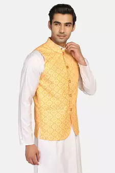 Yellow printed polycotton bandhgala-suit