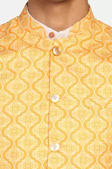 Yellow printed polycotton bandhgala-suit