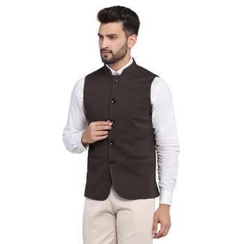 Brown plain polycotton bandhgala-suit 1